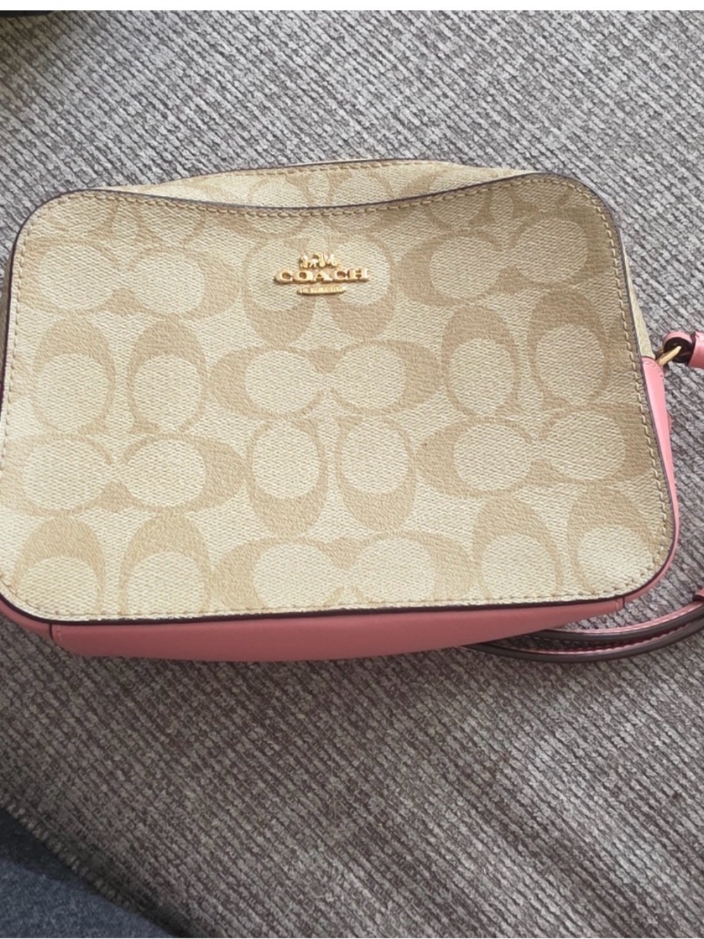 Coach Signature Canvas Crossbody in Pink and Tan Leather Trim